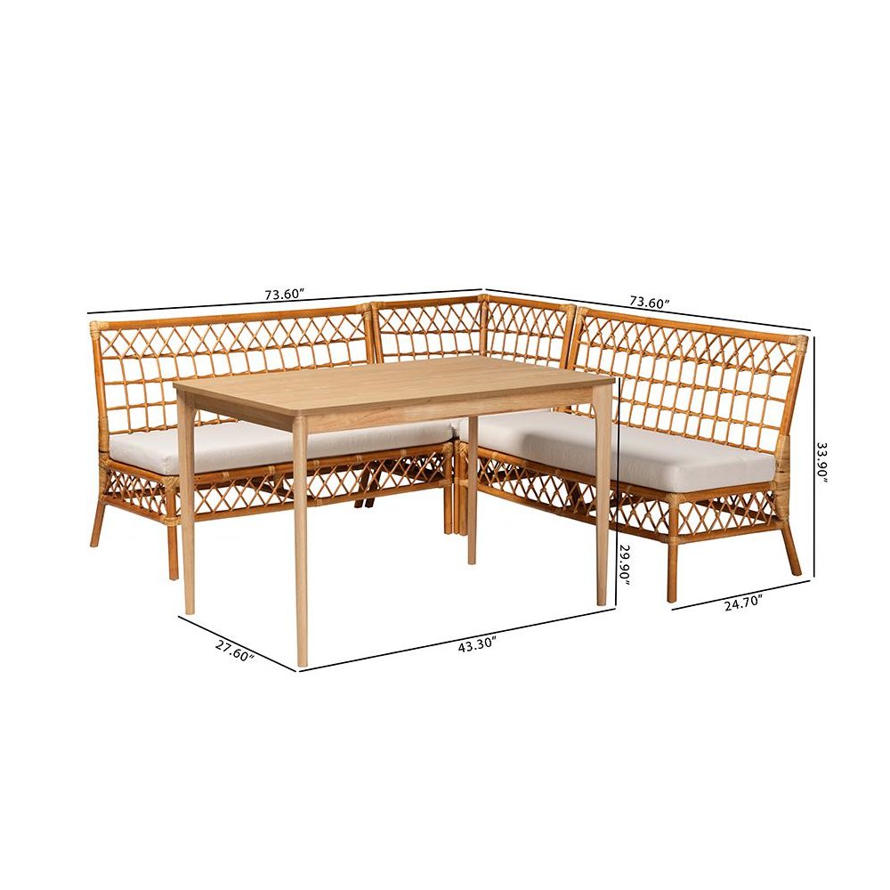 bali & pari Adora Modern Bohemian Honey Rattan 4-Piece Dining Nook Set. Picture 11