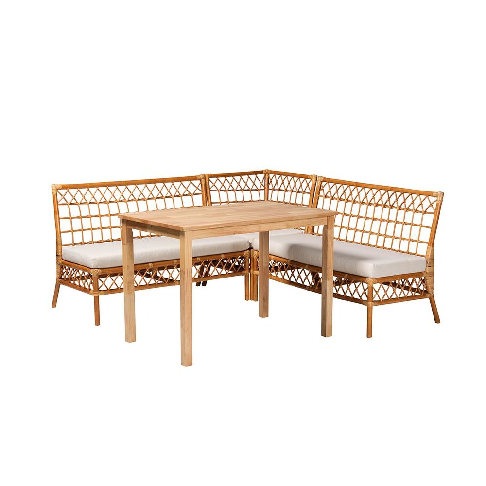 bali & pari Aina Modern Bohemian Honey Rattan 4-Piece Dining Nook Set. Picture 1