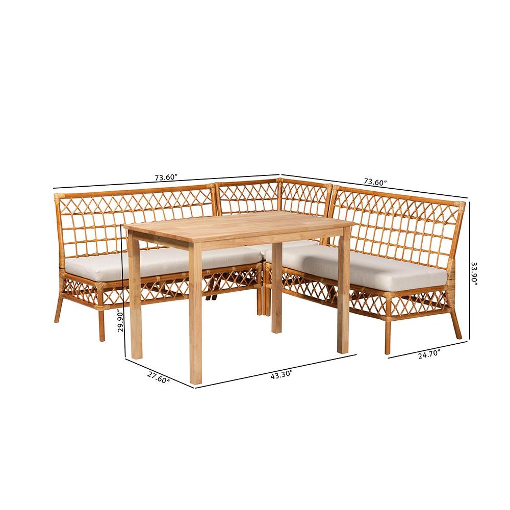 bali & pari Aina Modern Bohemian Honey Rattan 4-Piece Dining Nook Set. Picture 11