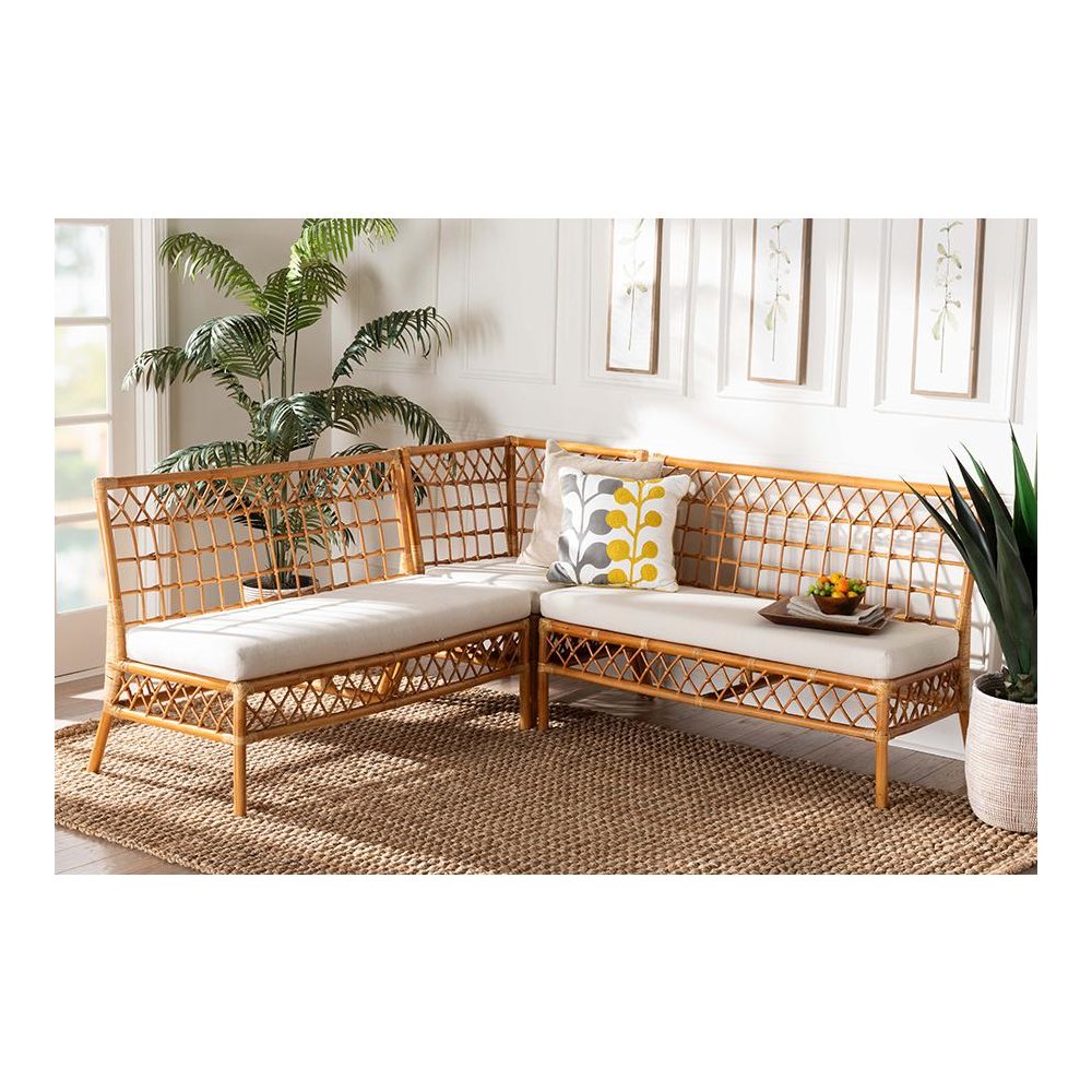 Bohemian Honey Rattan 3-Piece Dining Nook Banquette Set. Picture 7