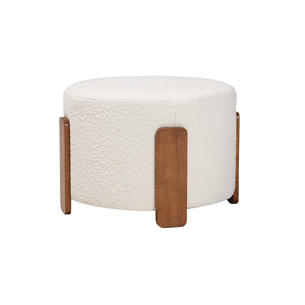 Japandi Cream Boucle Fabric and Walnut Brown Finished Wood Ottoman Footstool. Picture 1