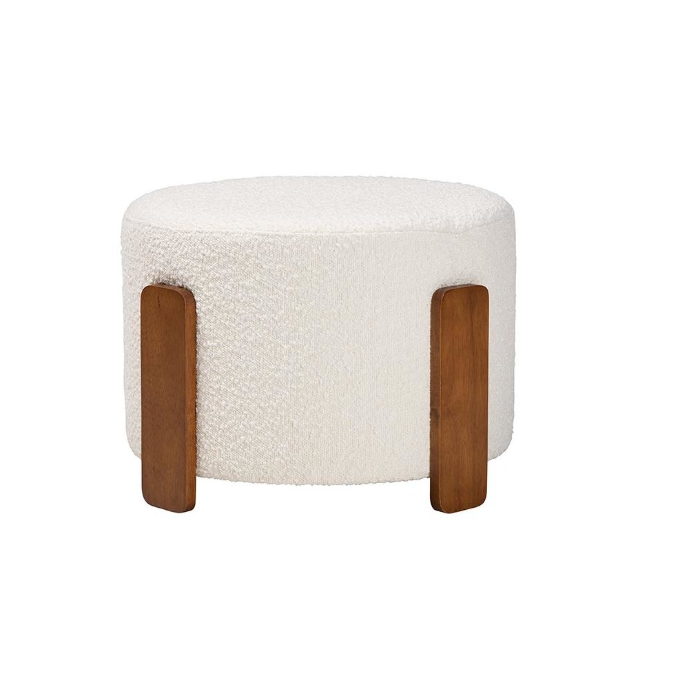 Japandi Cream Boucle Fabric and Walnut Brown Finished Wood Ottoman Footstool. Picture 2