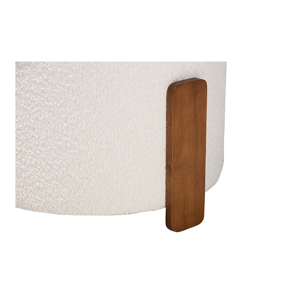 Japandi Cream Boucle Fabric and Walnut Brown Finished Wood Ottoman Footstool. Picture 3