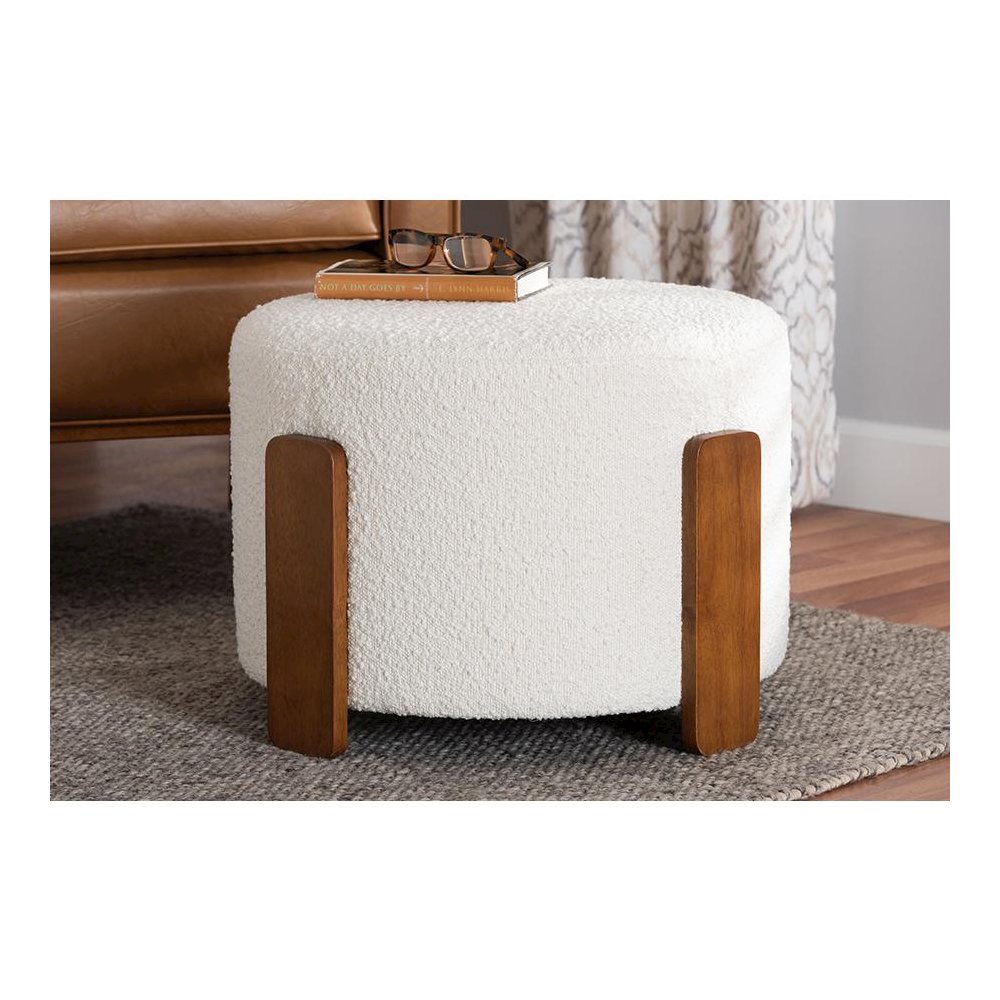 Japandi Cream Boucle Fabric and Walnut Brown Finished Wood Ottoman Footstool. Picture 5
