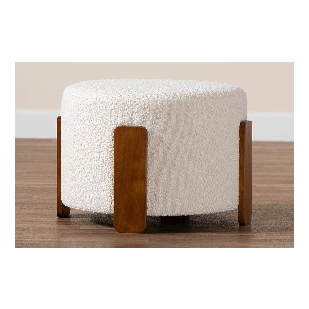 Japandi Cream Boucle Fabric and Walnut Brown Finished Wood Ottoman Footstool. Picture 6