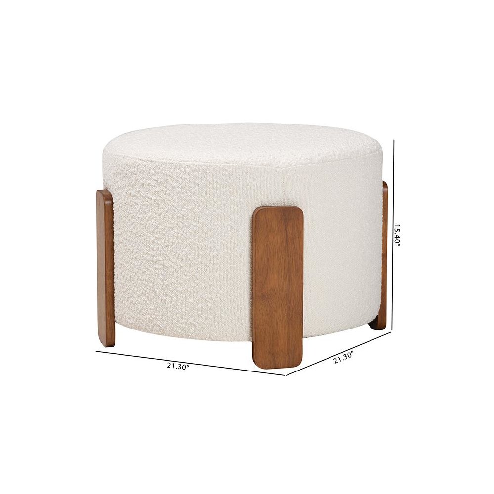 Japandi Cream Boucle Fabric and Walnut Brown Finished Wood Ottoman Footstool. Picture 7