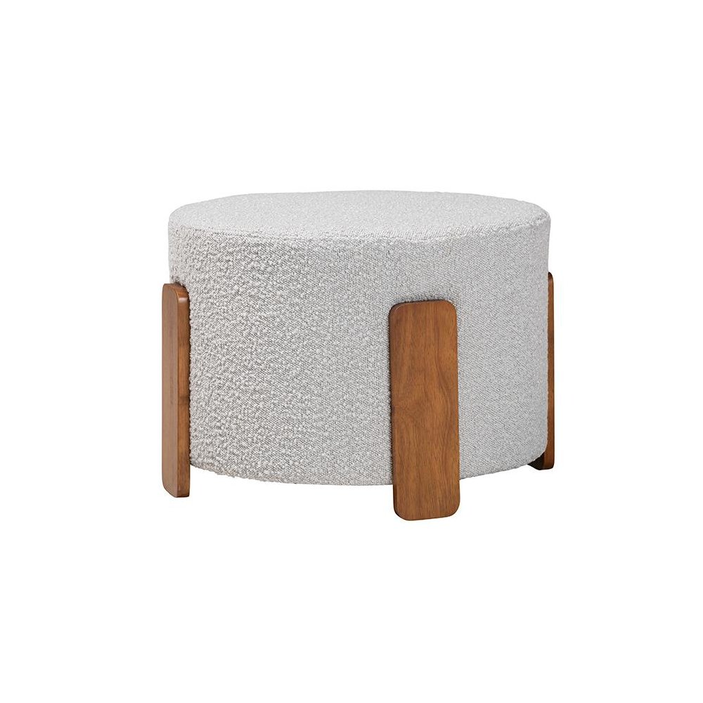 Light Grey Boucle Fabric and Walnut Brown Finished Wood Ottoman Footstool. Picture 1
