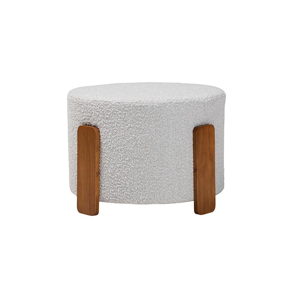 Light Grey Boucle Fabric and Walnut Brown Finished Wood Ottoman Footstool. Picture 2