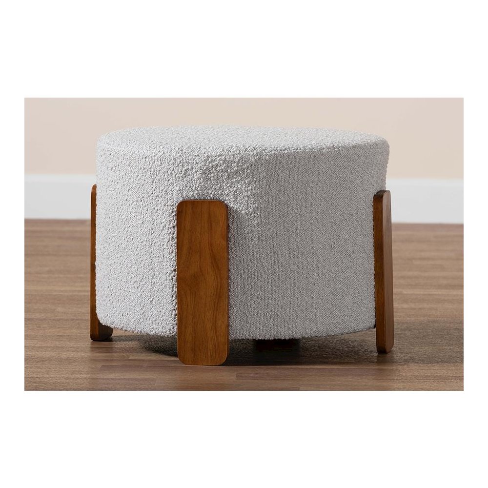 Light Grey Boucle Fabric and Walnut Brown Finished Wood Ottoman Footstool. Picture 6