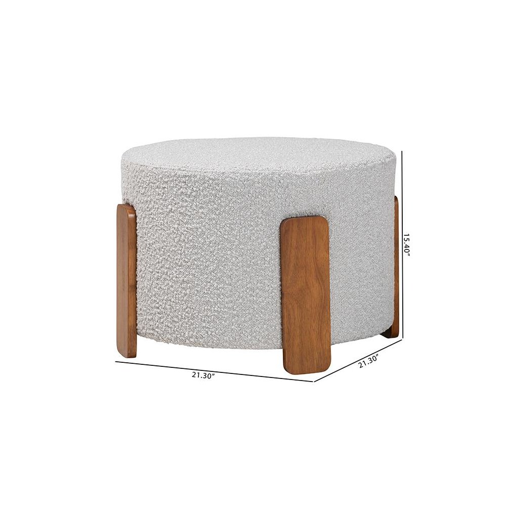 Light Grey Boucle Fabric and Walnut Brown Finished Wood Ottoman Footstool. Picture 7
