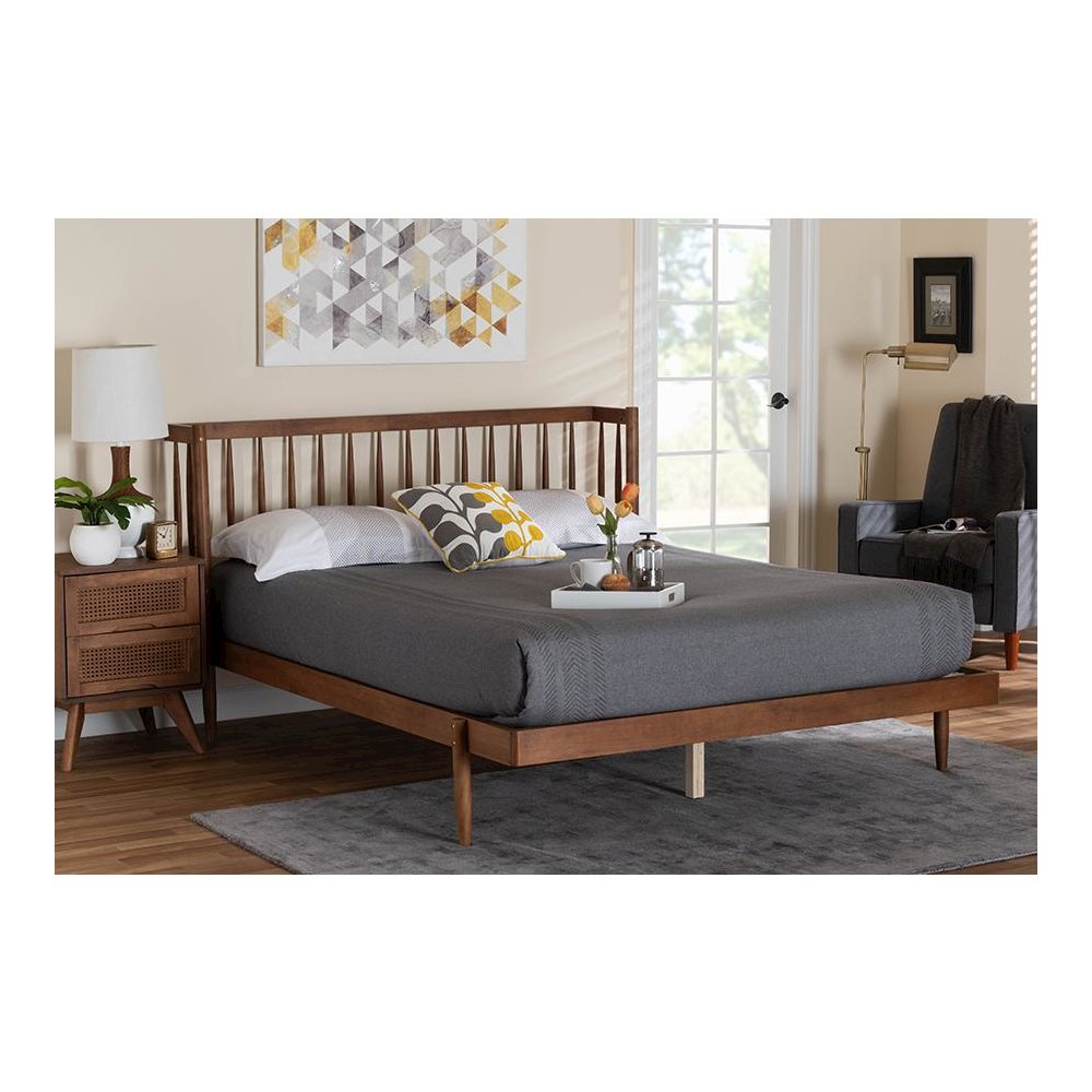 Calderon Retro-Modern Walnut Brown Finished Wood Queen Size Platform Bed. Picture 7
