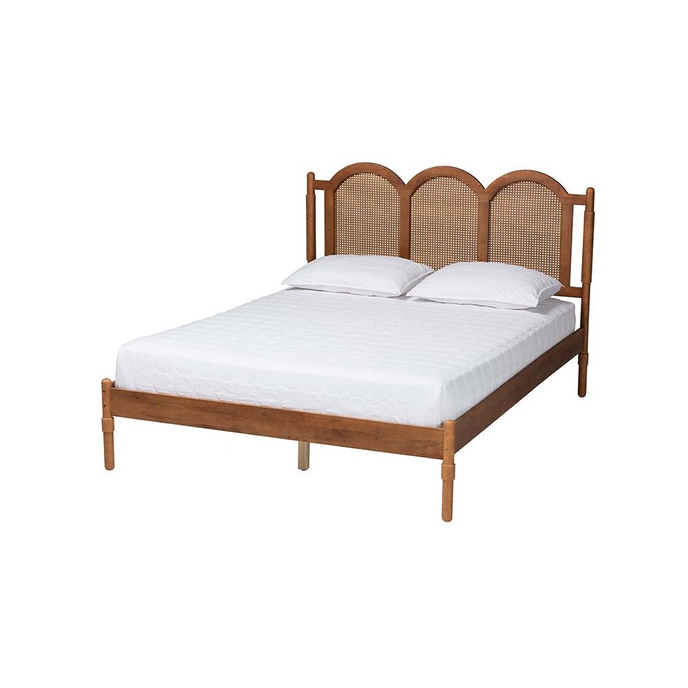 Modern Walnut Brown Finished Wood Queen Size Platform Bed with Woven Rattan. Picture 1