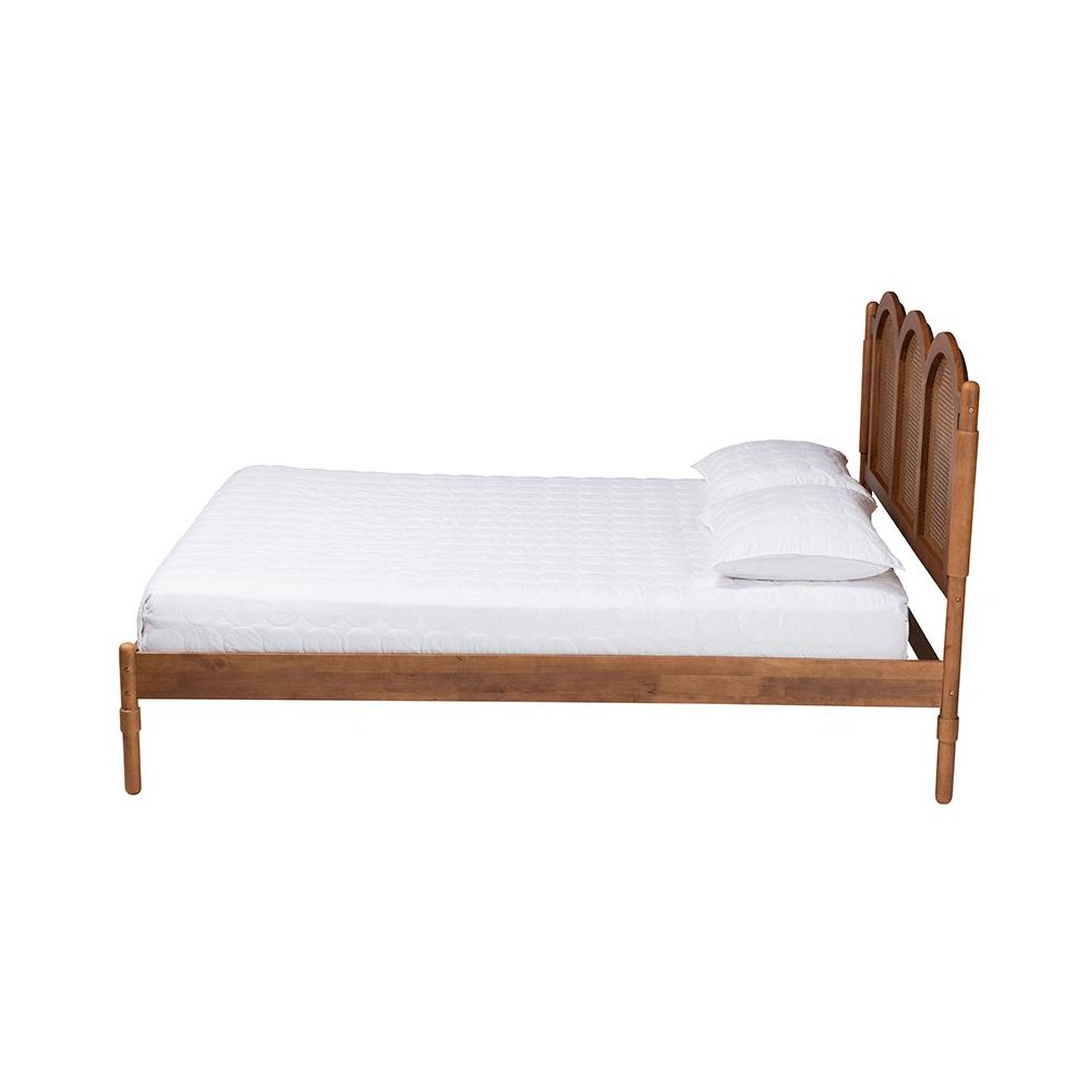 Modern Walnut Brown Finished Wood Queen Size Platform Bed with Woven Rattan. Picture 2