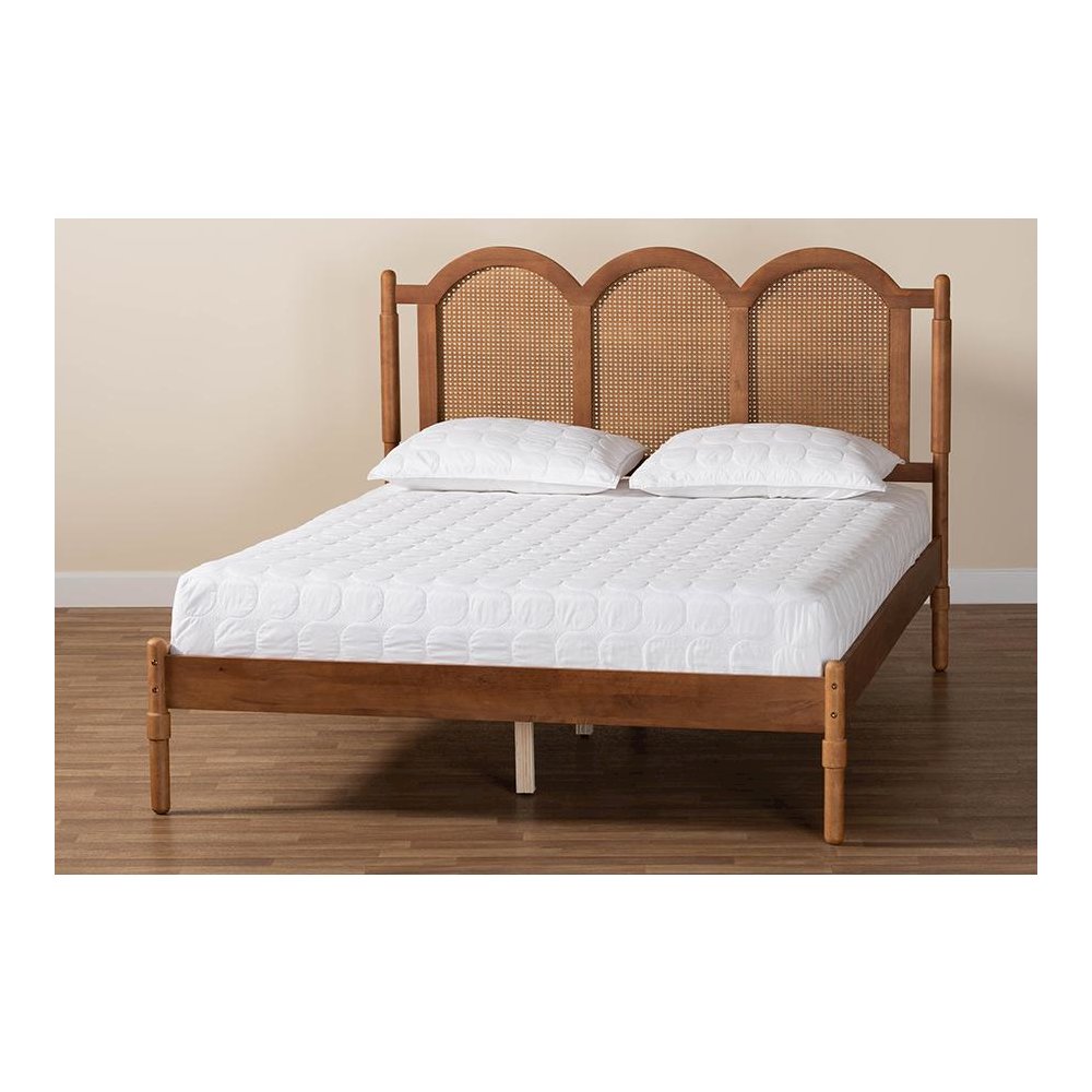 Modern Walnut Brown Finished Wood Queen Size Platform Bed with Woven Rattan. Picture 8