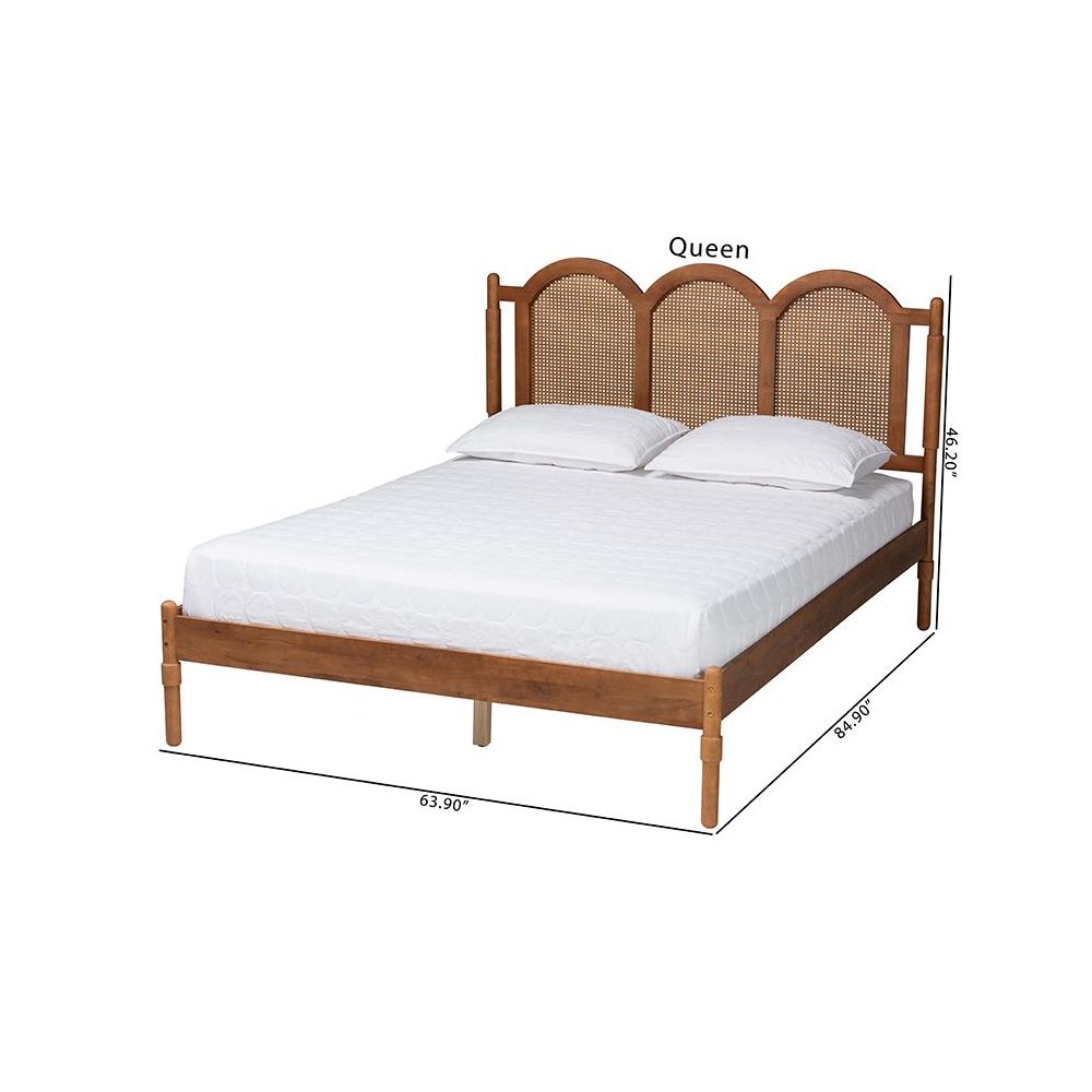 Modern Walnut Brown Finished Wood Queen Size Platform Bed with Woven Rattan. Picture 9