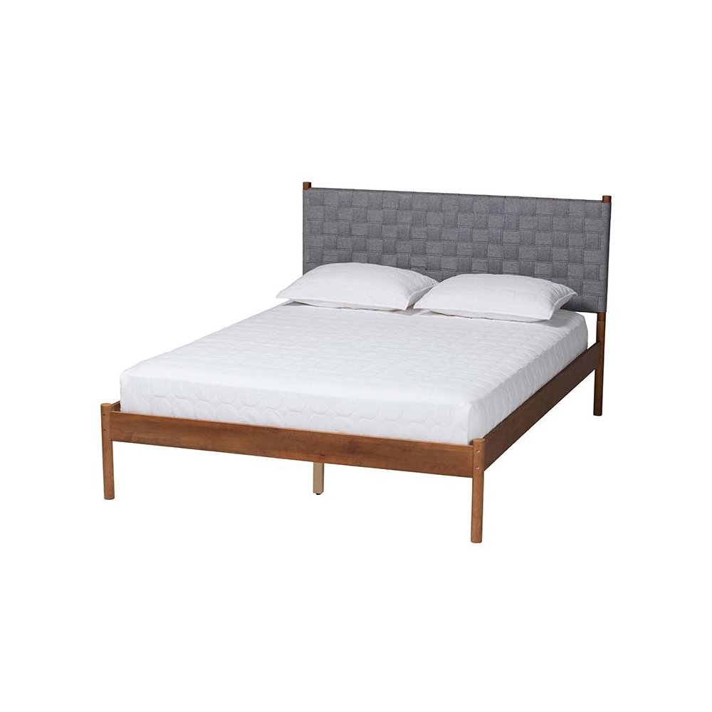 Modern Grey Woven Fabric and Walnut Brown Wood Queen Size Platform Bed. Picture 1