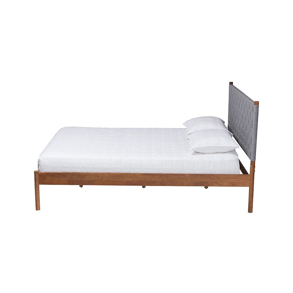 Modern Grey Woven Fabric and Walnut Brown Wood Queen Size Platform Bed. Picture 2