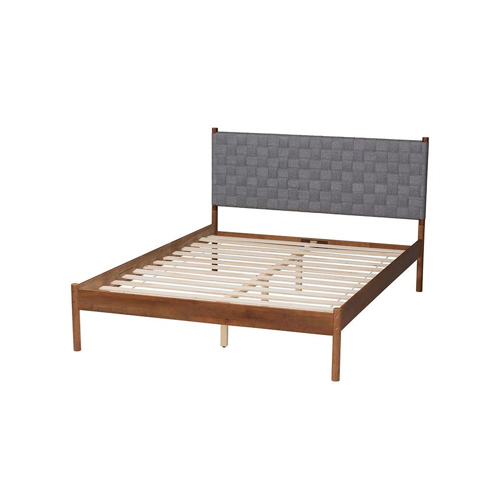 Modern Grey Woven Fabric and Walnut Brown Wood Queen Size Platform Bed. Picture 3