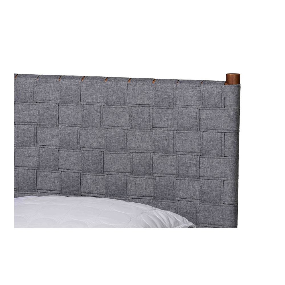 Modern Grey Woven Fabric and Walnut Brown Wood Queen Size Platform Bed. Picture 4