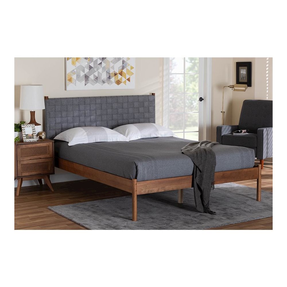 Modern Grey Woven Fabric and Walnut Brown Wood Queen Size Platform Bed. Picture 7