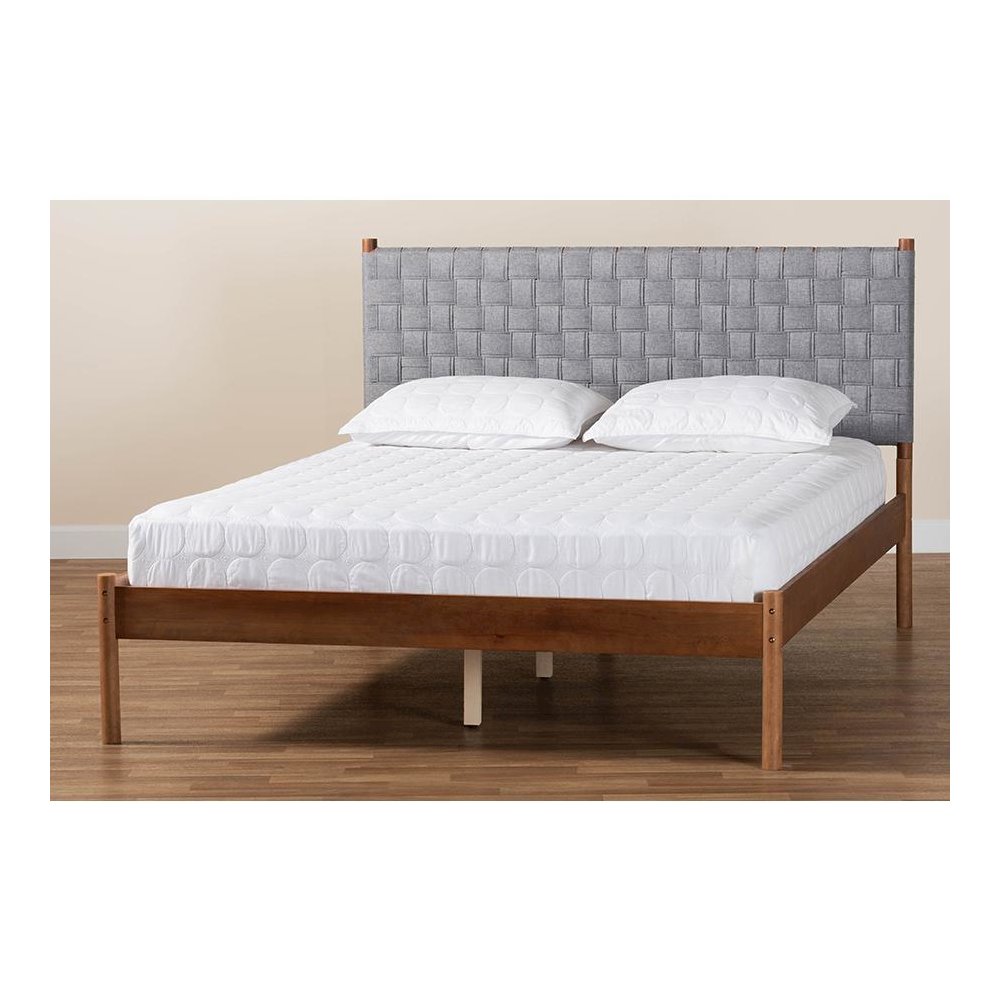 Modern Grey Woven Fabric and Walnut Brown Wood Queen Size Platform Bed. Picture 8