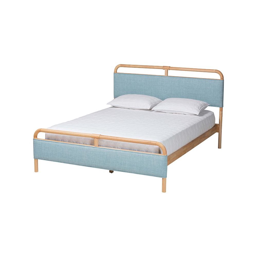Contemporary Baby Blue Fabric and Natural Wood Queen Size Platform Bed. Picture 1