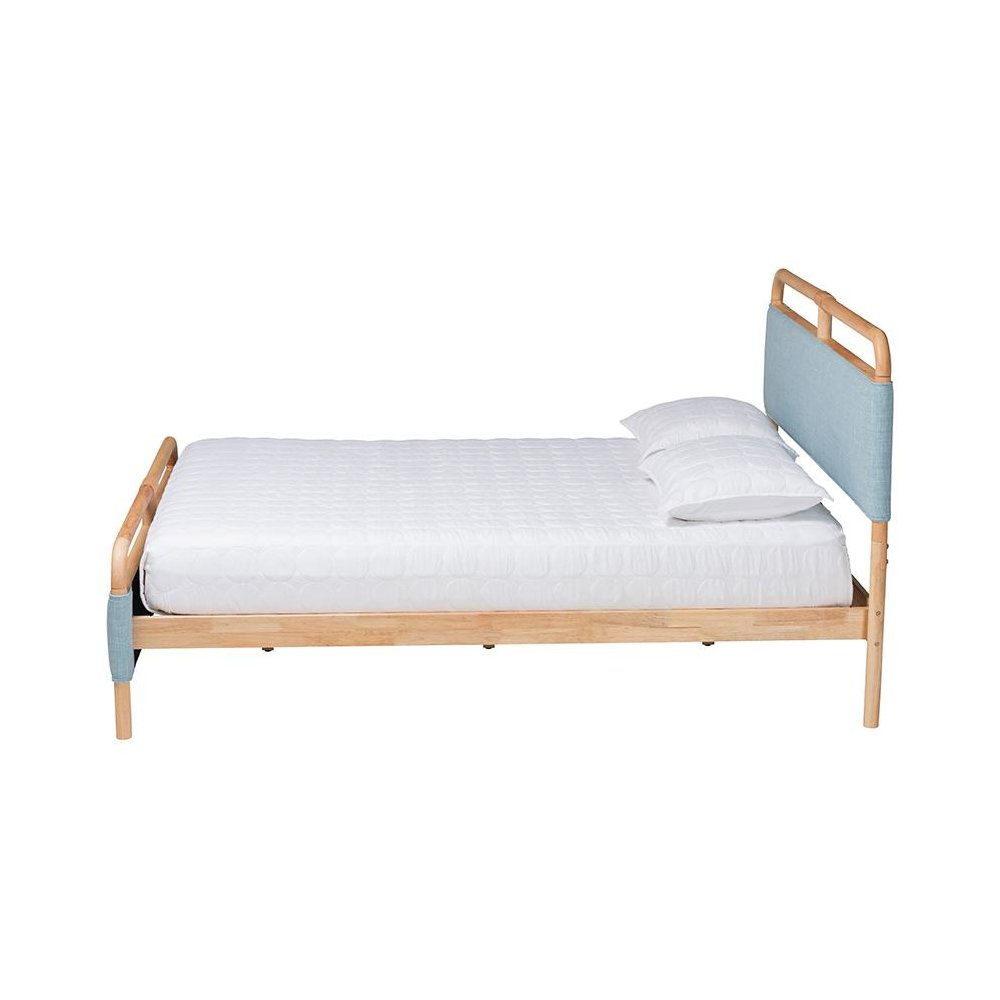 Contemporary Baby Blue Fabric and Natural Wood Queen Size Platform Bed. Picture 2