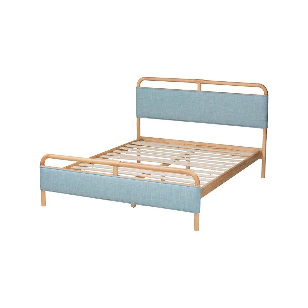 Contemporary Baby Blue Fabric and Natural Wood Queen Size Platform Bed. Picture 3