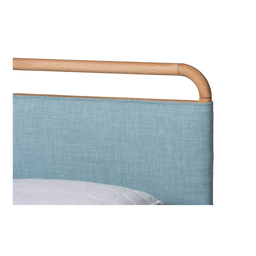 Contemporary Baby Blue Fabric and Natural Wood Queen Size Platform Bed. Picture 4