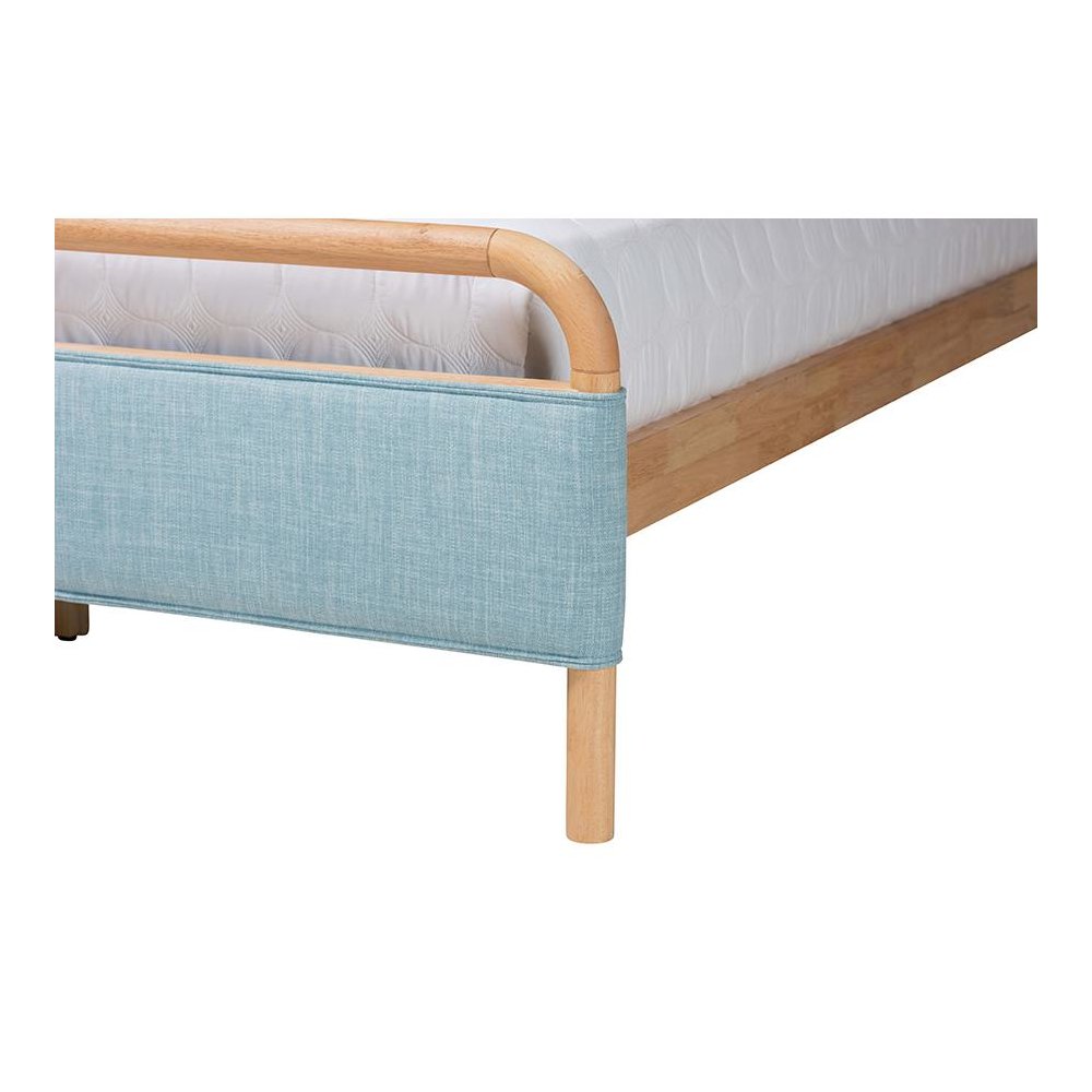 Contemporary Baby Blue Fabric and Natural Wood Queen Size Platform Bed. Picture 5