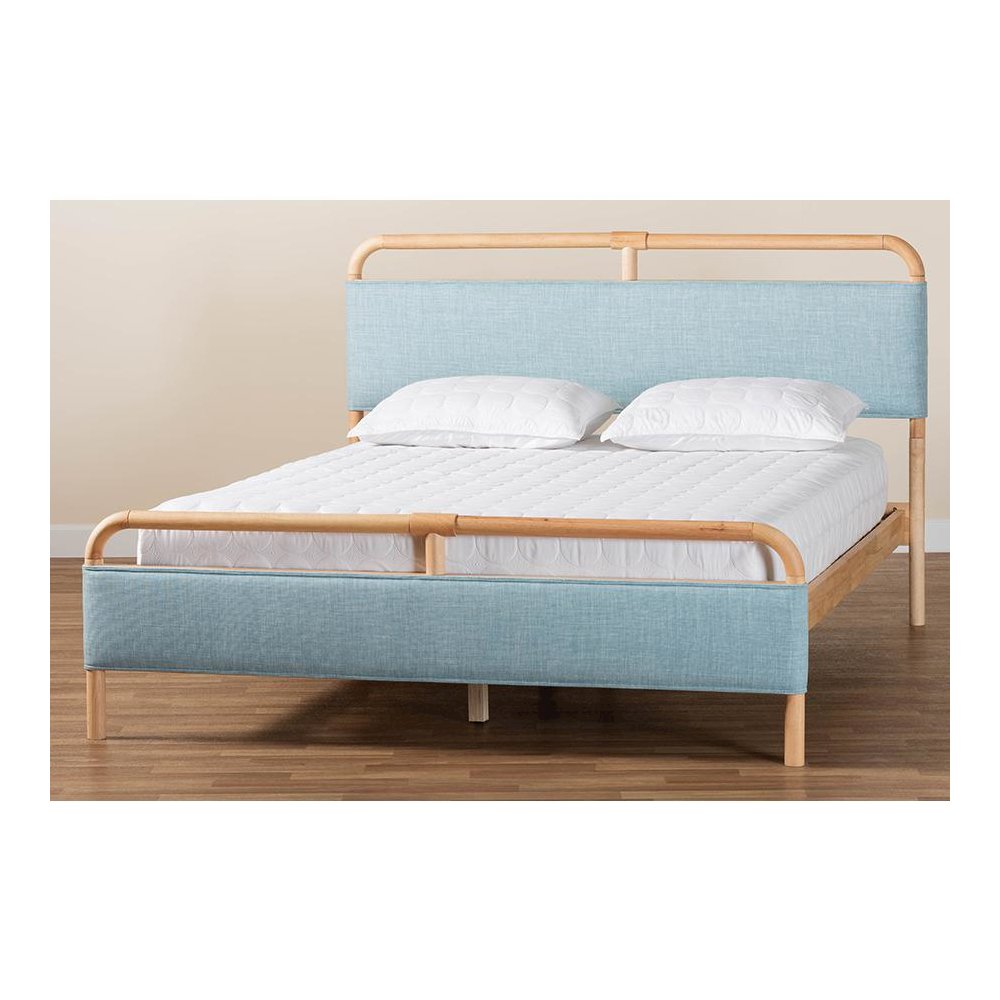 Contemporary Baby Blue Fabric and Natural Wood Queen Size Platform Bed. Picture 8