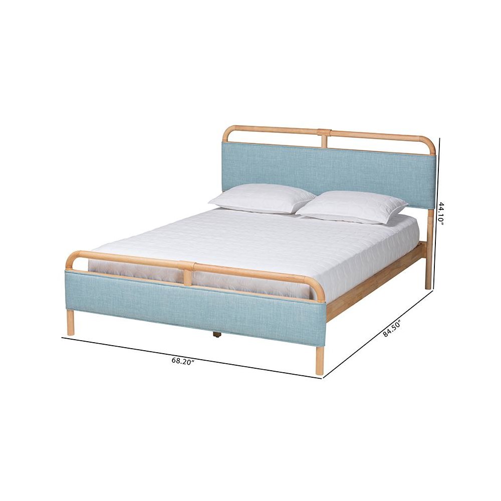 Contemporary Baby Blue Fabric and Natural Wood Queen Size Platform Bed. Picture 9