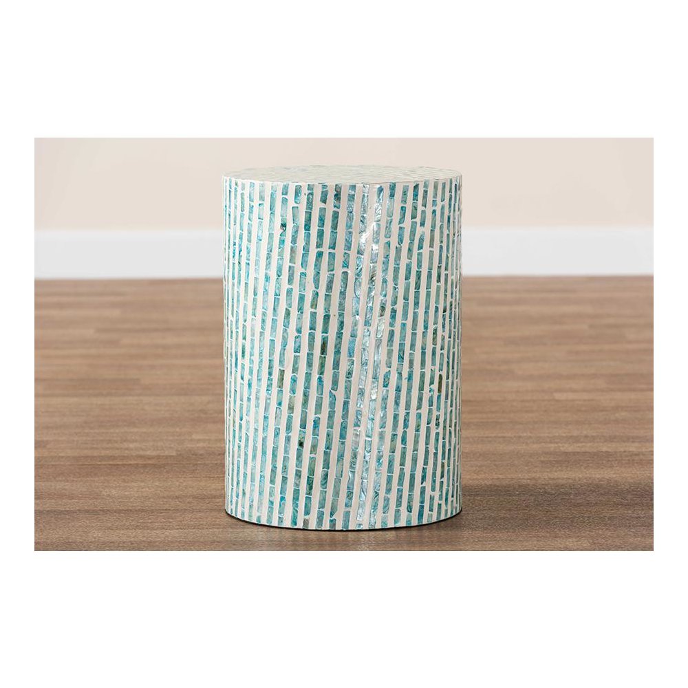 Baxton Studio Draven Modern Bohemian White and Blue Mother of Pearl End Table. Picture 6