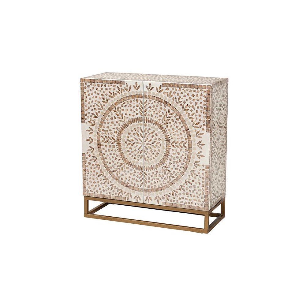Ercilia Modern Bohemian White and Rustic Brown Mother of Pearl Storage Cabinet. Picture 1