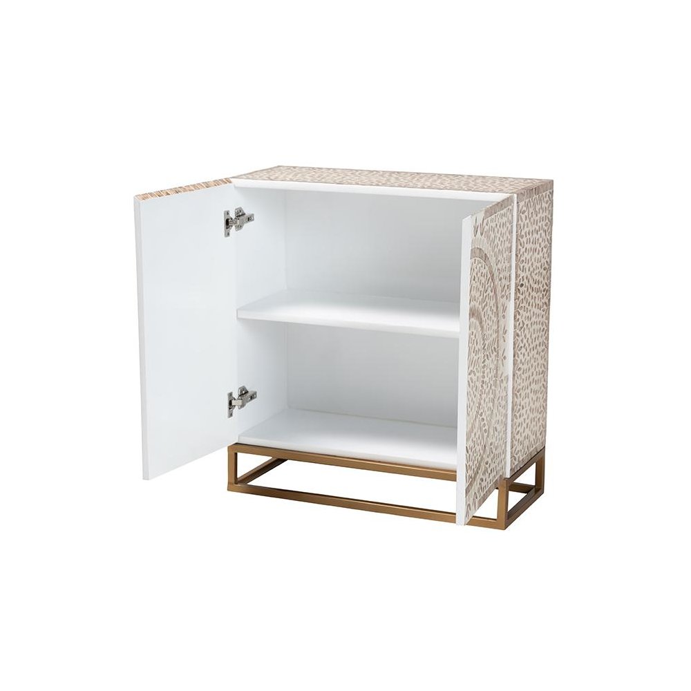 Ercilia Modern Bohemian White and Rustic Brown Mother of Pearl Storage Cabinet. Picture 2