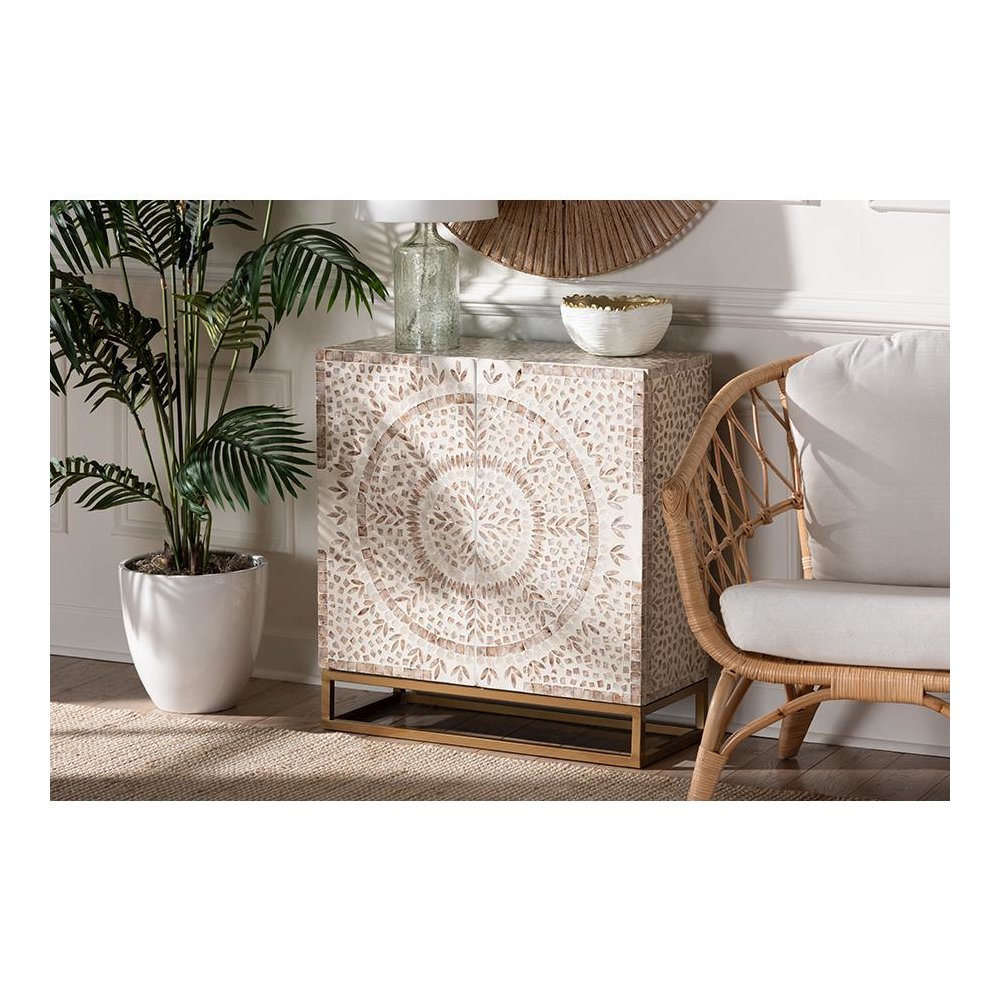 Ercilia Modern Bohemian White and Rustic Brown Mother of Pearl Storage Cabinet. Picture 8