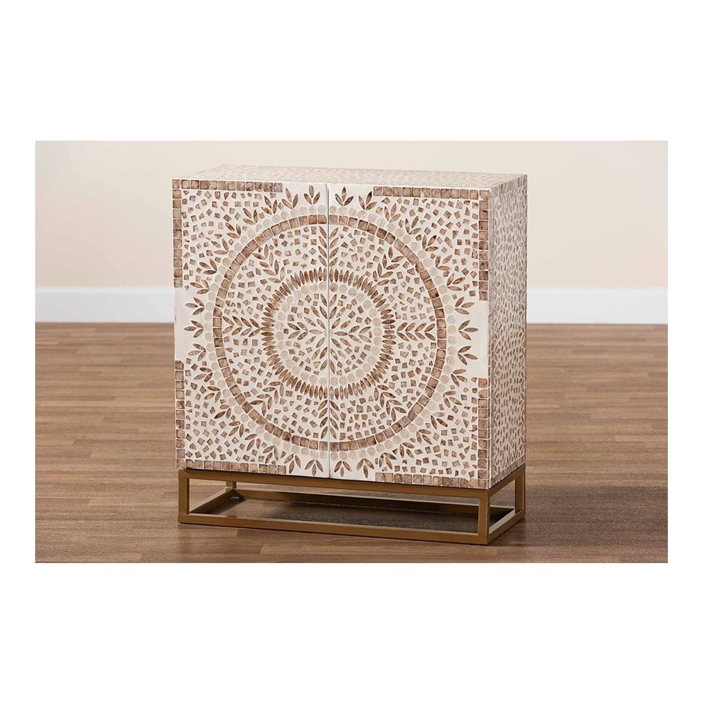 Ercilia Modern Bohemian White and Rustic Brown Mother of Pearl Storage Cabinet. Picture 9