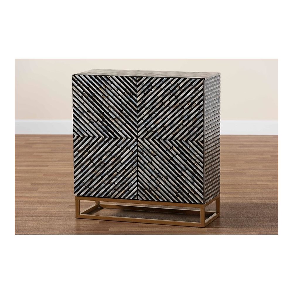 Bohemian Two-Tone Black and Grey Mother of Pearl and Gold Metal Storage Cabinet. Picture 9