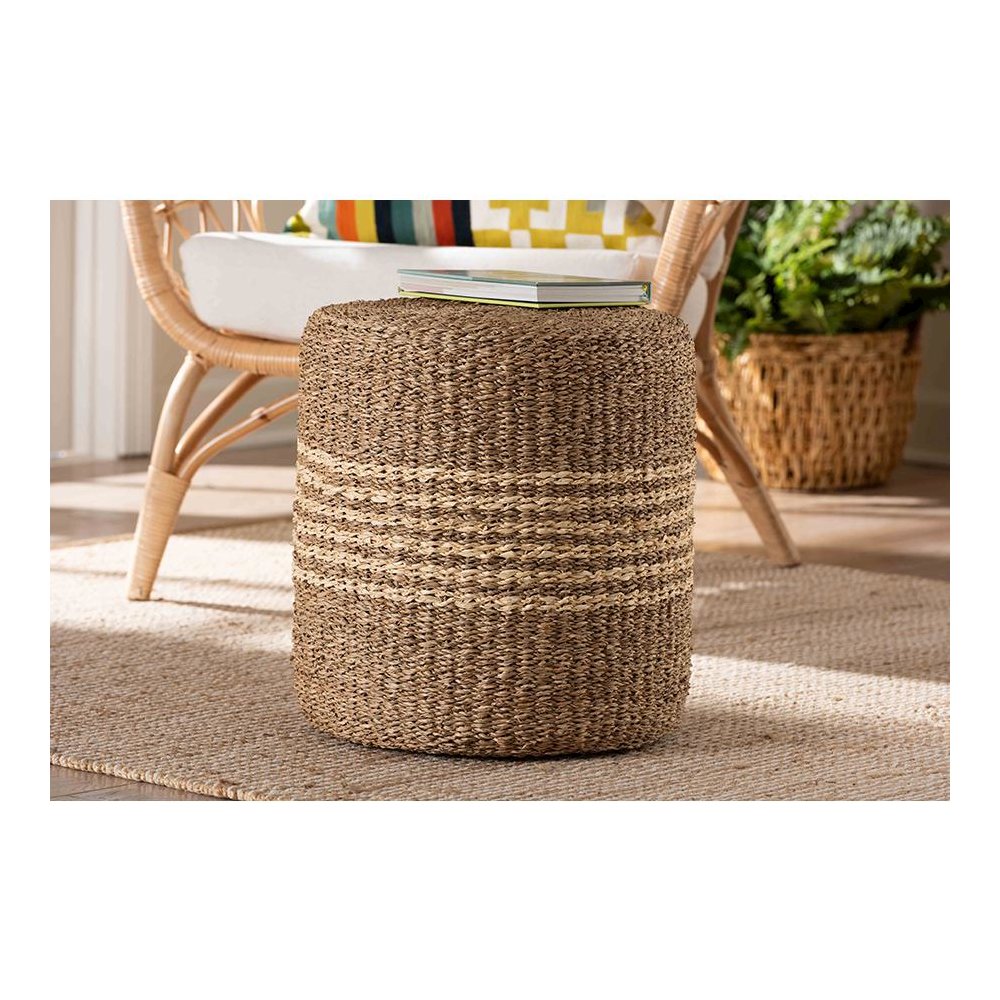 bali & pari Wickham Modern Bohemian Natural Brown Seagrass Ottoman Footstool. Picture 5