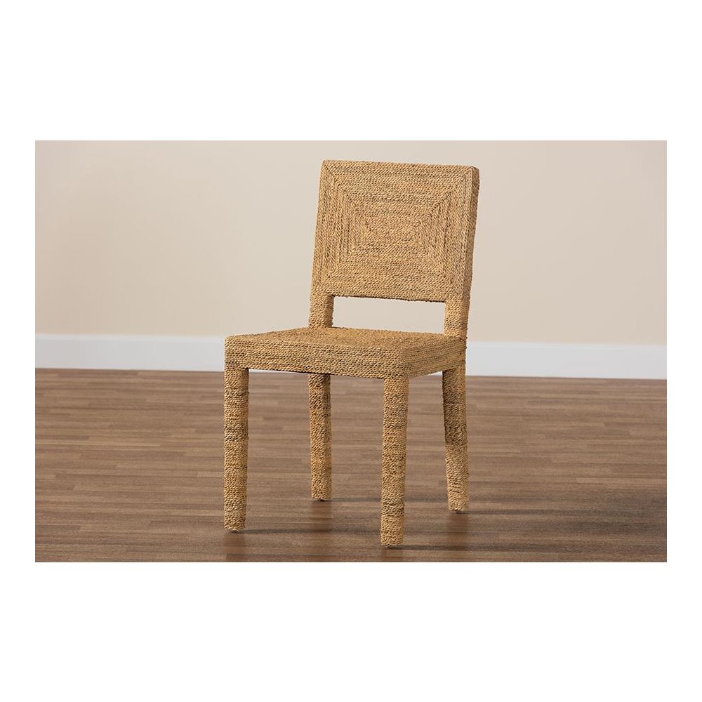 Anfield Modern Bohemian Natural Seagrass and Mahogany Wood Dining Chair. Picture 9