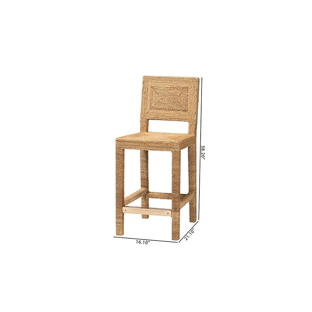 Anfield Modern Bohemian Natural Seagrass and Mahogany Wood Counter Stool. Picture 10