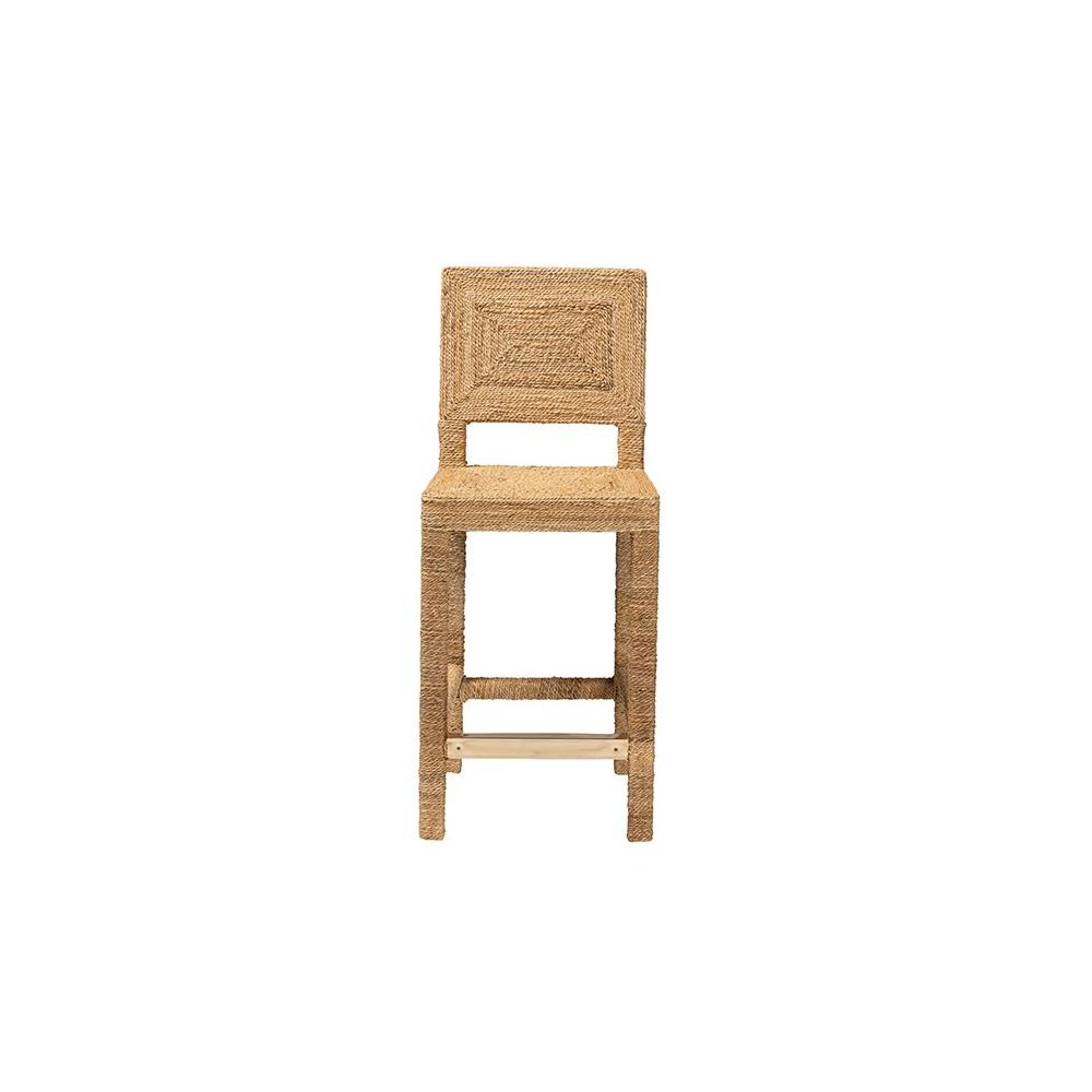 Anfield Modern Bohemian Natural Seagrass and Mahogany Wood Counter Stool. Picture 2
