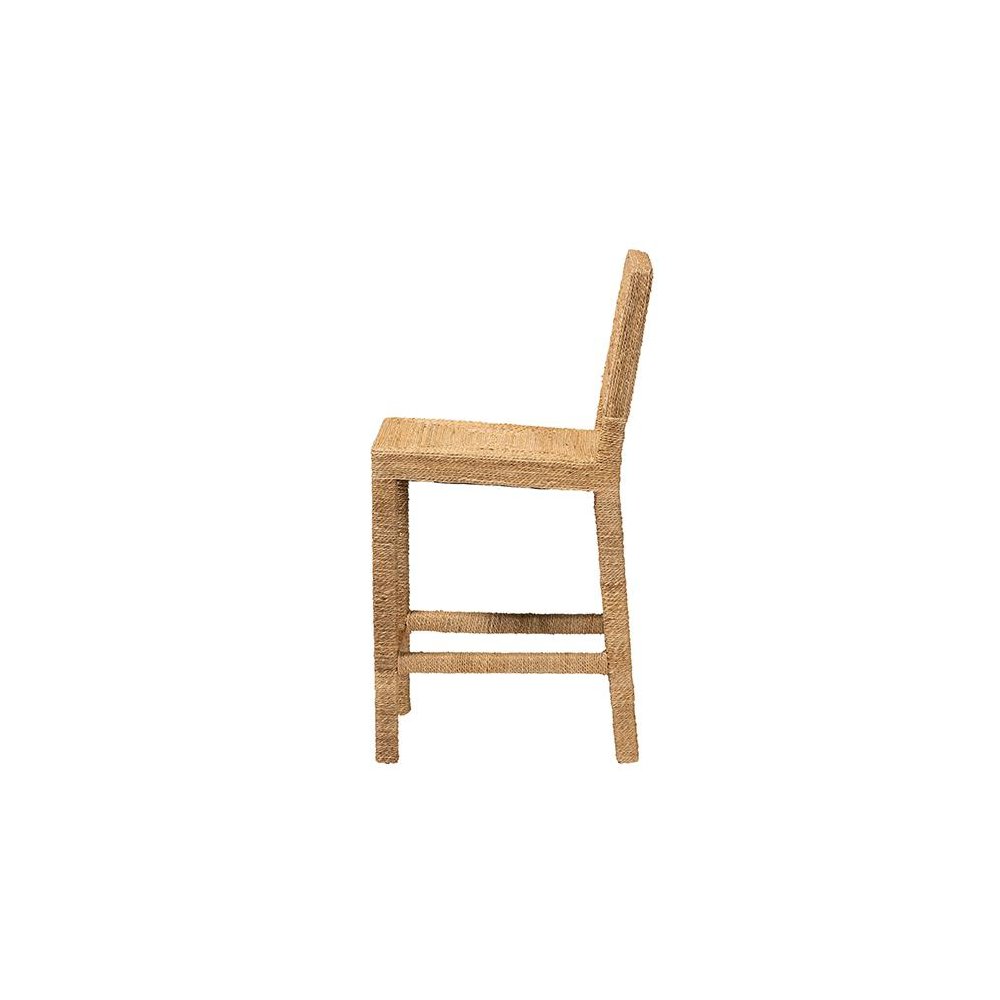 Anfield Modern Bohemian Natural Seagrass and Mahogany Wood Counter Stool. Picture 3