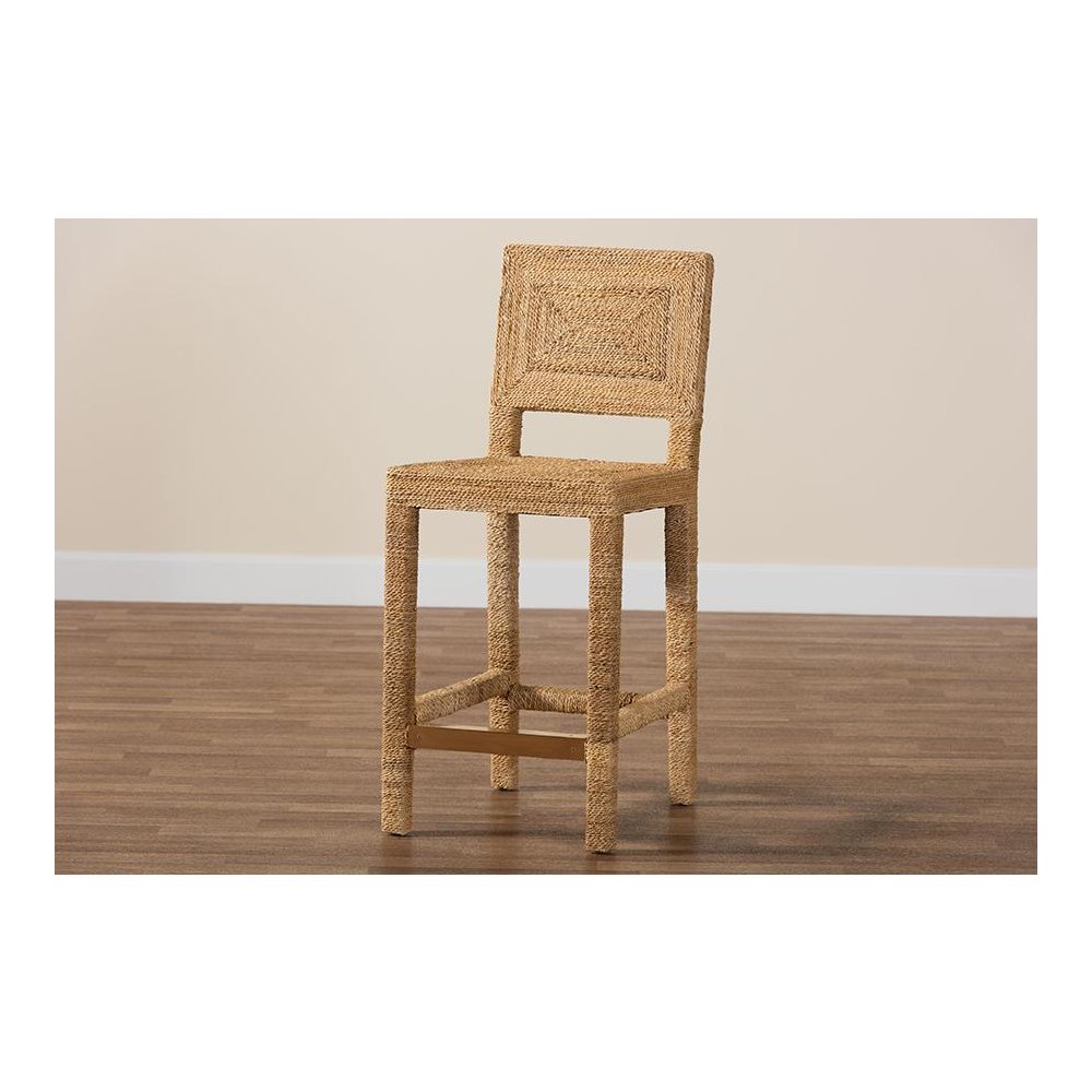 Anfield Modern Bohemian Natural Seagrass and Mahogany Wood Counter Stool. Picture 9
