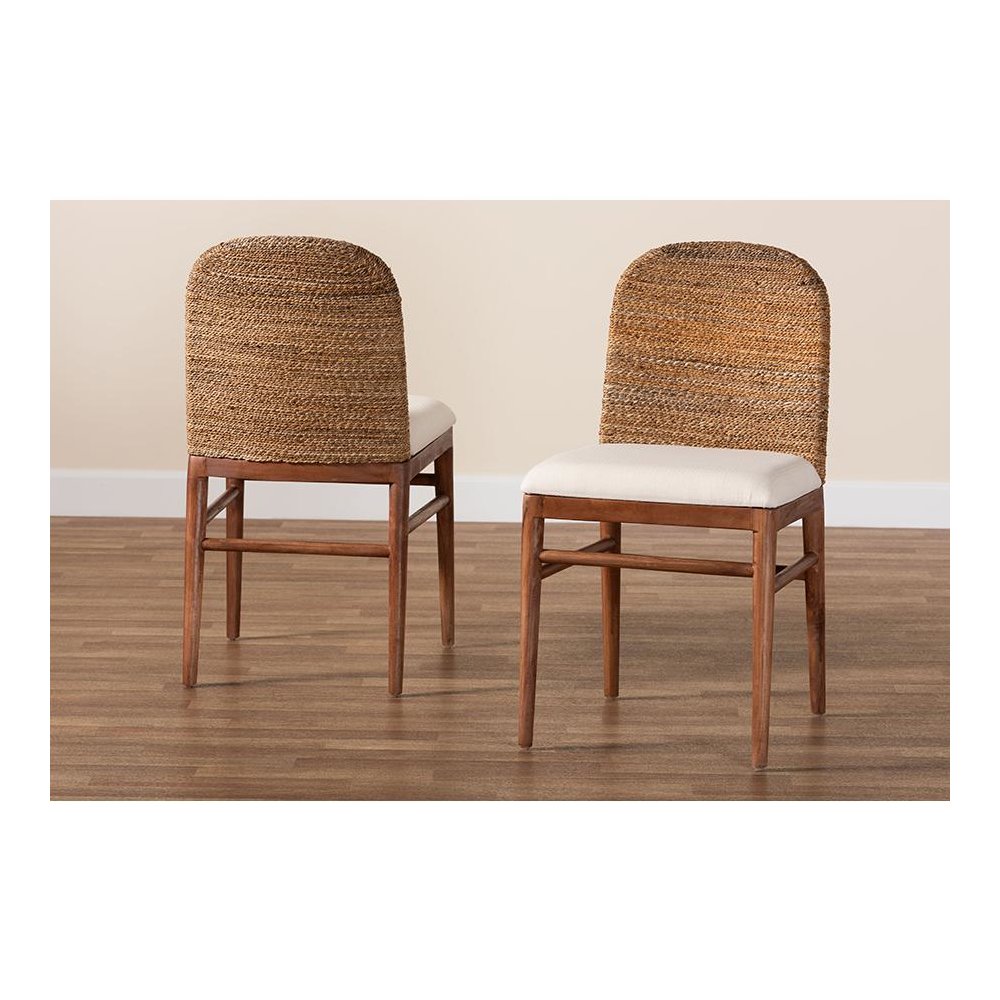 Nadim Modern Bohemian Natural Seagrass and Acacia Wood 2-Piece Dining Chair Set. Picture 8