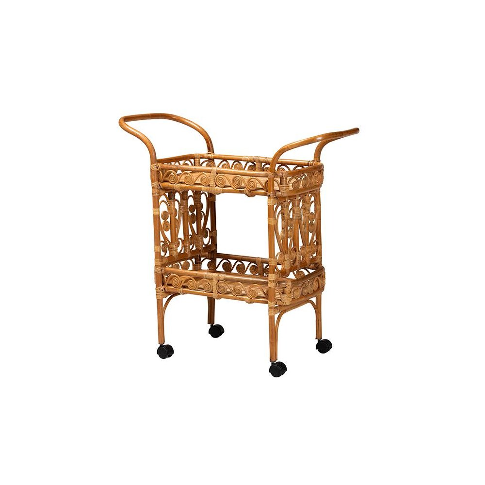 Diwata Modern Bohemian Natural Brown Rattan Kitchen Cart. Picture 1