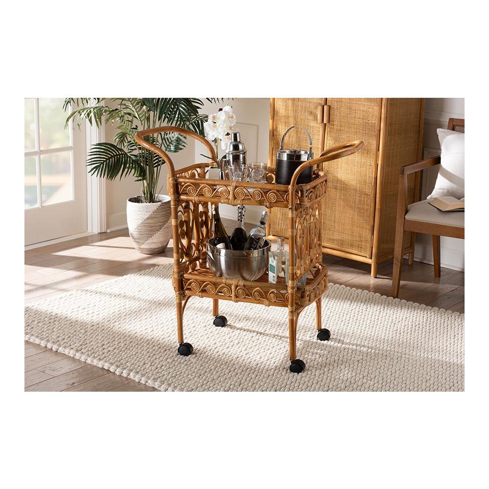 Diwata Modern Bohemian Natural Brown Rattan Kitchen Cart. Picture 7