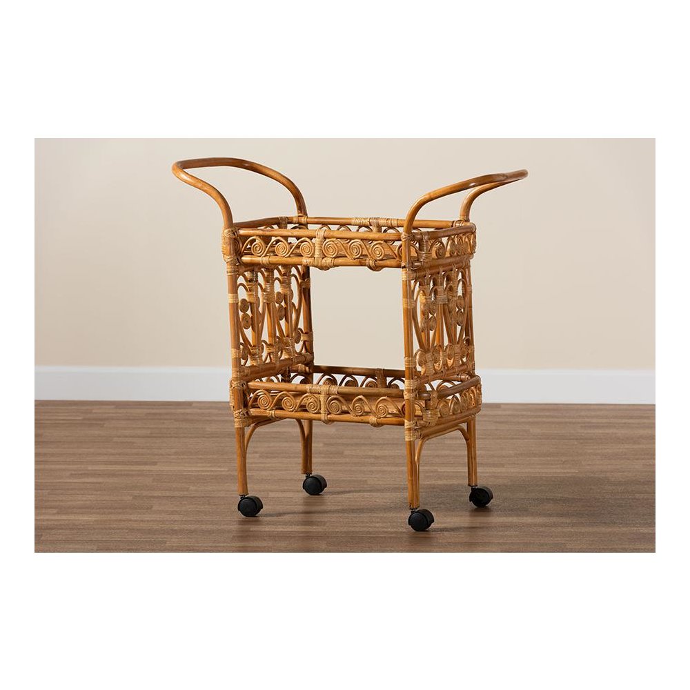 Diwata Modern Bohemian Natural Brown Rattan Kitchen Cart. Picture 8