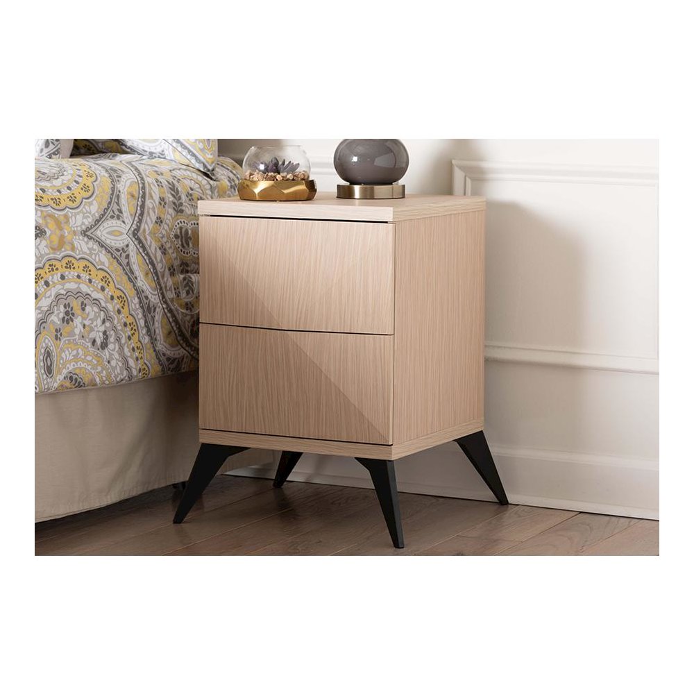 Modern Two-Tone Light Brown and Black Wood 2-Drawer Nightstand. Picture 7