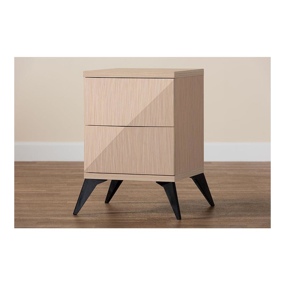 Modern Two-Tone Light Brown and Black Wood 2-Drawer Nightstand. Picture 8